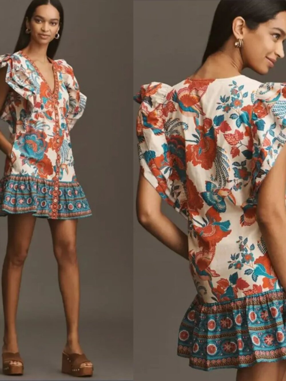 NWT Farm Rio x Anthropologie Ruffle-Sleeve Floral Mini Dress - Small